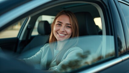 Joyful young woman with a radiant smile driving her modern car on a bright sunny day, embracing freedom and adventure