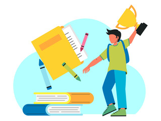 Student boy is holding his trophy. Back to school vector illustration. Flat illustration concept.