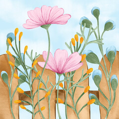 Floral Garden Scene with Fence and Blooming Flowers