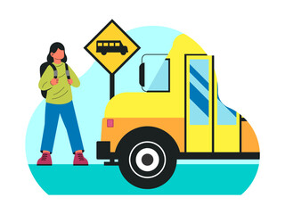 Girl student will go home after waiting for the bus. Back to school vector illustration. Flat illustration concept.