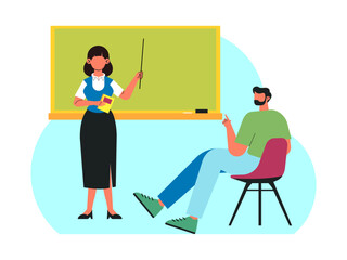 Male student who was sitting in his chair was listening to his teacher who was standing in front of the blackboard. Back to school vector illustration. Flat illustration concept.