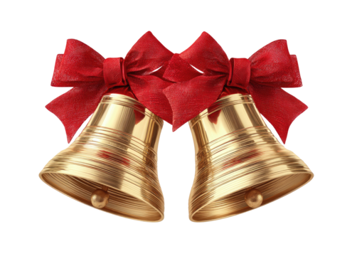 Twin gold bells adorn red bow, festive