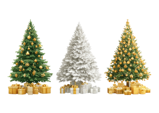 Three decorated Christmas trees with gift boxes