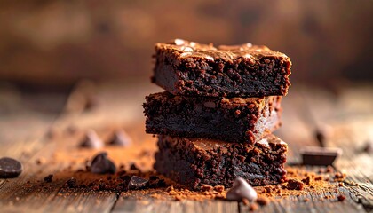 Delicious Stacked Brownies A Decadent Treat on Rustic Wooden Table
