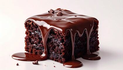 An indulgent and decadent slice of rich dark chocolate cake, lavishly covered in glossy melted chocolate sauce, a truly delightful sweet dessert