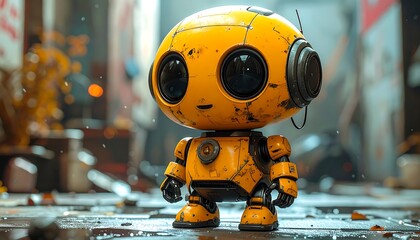 A cute, spherical, yellow robot with large eyes and a friendly expression stands in a detailed, gritty urban environment
