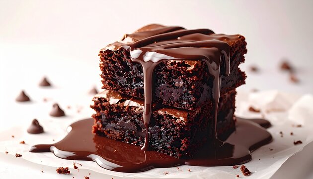 Delicious chocolate brownies stacked with melted chocolate drizzle, a tempting dessert treat on a white background