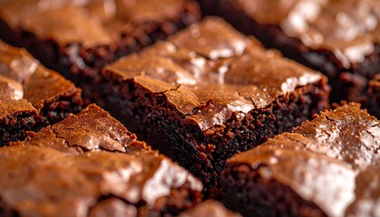 A delicious batch of homemade chocolate fudge brownies with a crinkly top, arranged in neat rows and ready to eat