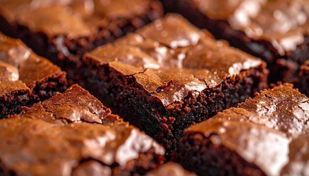 A delicious batch of homemade chocolate fudge brownies with a crinkly top, arranged in neat rows and ready to eat