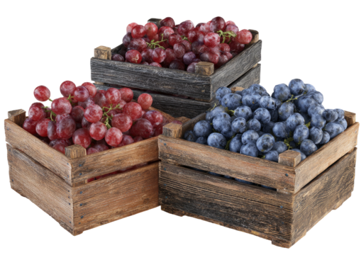 Grapes, assorted colors, in rustic wooden boxes, stacked