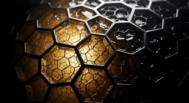 Fusion Geometric Pattern - Black Hexagons Transitioning to Golden Organic Honeycomb Cells