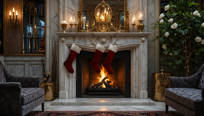 Elegant christmas fireplace with stockings and burning logs creating a warm and festive atmosphere
