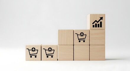 Wooden blocks stacked in ascending order with shopping cart and growth chart icons, isolated on white background