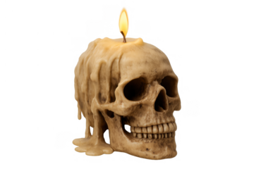 Skull candle burning with a bright flame, melting wax dripping creating a spooky halloween decoration on transparent background