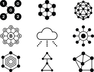Nine abstract geometric icons representing data, networks, and science concepts symbol