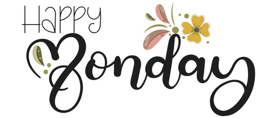 Hello MONDAY. Monday day of the week with flowers and leaves. Illustration (Monday)