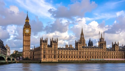 Fototapeta premium A large architectural structure with a towering clock, seen beside a river under a vibrant, cloudy sky. It's a daytime image