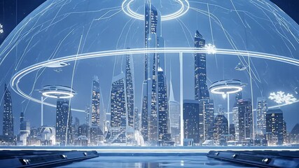 Futuristic city inside a protective dome with glowing snowflakes falling - Powered by Adobe