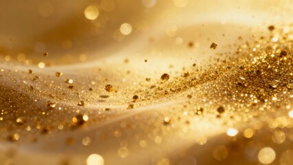 Golden glitter particles scattered across a soft, wavy surface with bokeh light effects