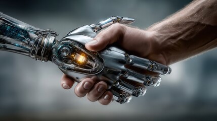 Hand shaking a robotic hand in soft studio light, capturing a calm moment of cooperation between people and advanced technology.