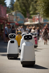 in safe neighborhood robotic nannies guide children along cheerful routes on sunny day