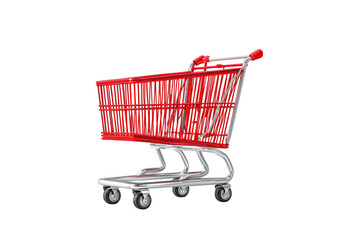 Red shopping cart, tilted, silver frame, on black backdrop