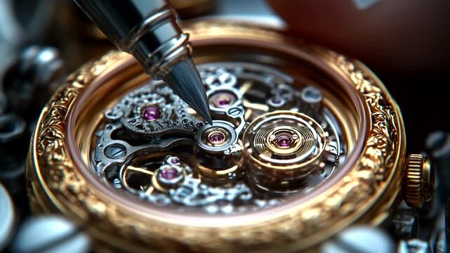 Intricate watch mechanism with pen detailing craftsmanship - Powered by Adobe