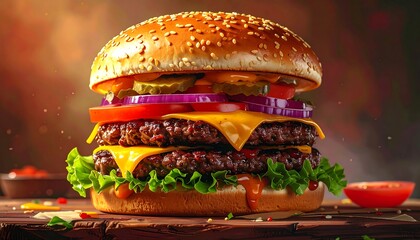 A close-up view of a large burger with double patties, cheese, and fresh toppings. The bun is sesame seeded