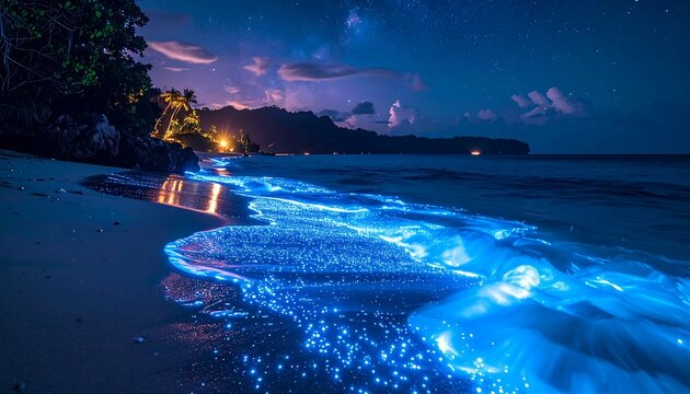 A coastal landscape showcases luminous blue waves washing ashore at night under a starlit sky. Illuminated vegetation lines the coast - Powered by Adobe
