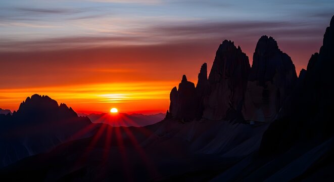 Spectacular sunrise over jagged mountain peaks with vibrant orange and red sky, casting warm light and lens flare across the dramatic alpine landscape