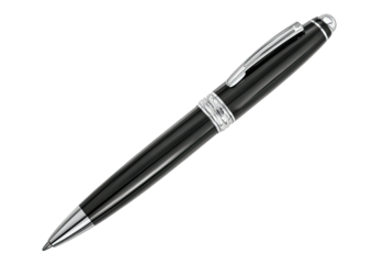 Elegant black pen with silver accents, angled on dark field