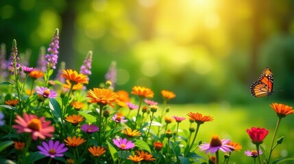 Fototapeta premium Vibrant wildflowers bathed in sunlight, a monarch butterfly gently floats amidst a profusion of colorful blossoms, a serene summer garden scene