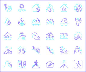 Set of disaster and storm Icons outline style. Contains such Icons as fire, landslide, flood, drought, Natural Disaster, tornado, lighting, fog, forest fire, tsunami, hurricane And Other Elements.
