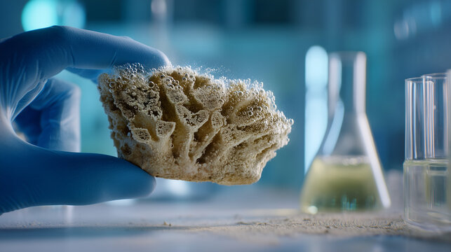 Ocean Acidification Concept A scientist's gloved hand holds a delicate sea sponge, highlighting the impact of acidification and the fragility of marine life in a research setting