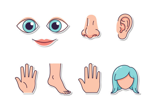 Cartoon Human Body Parts Icons Set: Eyes Mouth Nose Ear Hands Foot and Head with Blue Hair. - Powered by Adobe