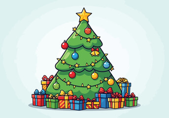 Fototapeta premium Colorful cartoon Christmas tree decorated with ornaments and gifts on a light blue background with festive holiday theme.