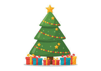 Fototapeta premium Illustration of a decorated Christmas tree with colorful presents underneath on a white background.