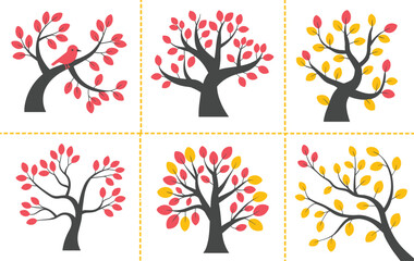 Six stylized trees with red and yellow leaves in a grid with dashed borders autumn fall