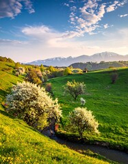 A vibrant, sun-drenched landscape showcases rolling green hills dotted with blossoming trees and a meandering stream under a bright blue sky