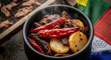 Spicy Bhutanese Shakam Paa – Dried Beef with Red Chilies & Radish in Black Clay Pot, Drying Rack & Prayer Flag Background, Dry Mountain Light