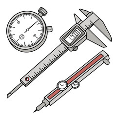 Hand drawn illustration of a caliper, depth gauge and a stopwatch isolated on