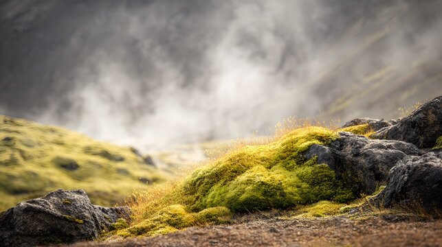 Lush Green Moss on Rocky Terrain in a Misty Landscape Scene