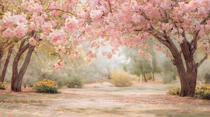 Blooming cherry tree by the road in a colorful seasonal park landscape