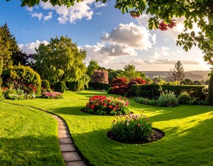 A vibrant, sunny garden scene showcasing well-maintained greenery, flowers, and a winding stone path under a bright, cloud-filled sky
