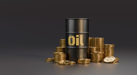 Concept of wealth as Oil drum surrounded by gold coins. The scene highlights Oil value and rising gold assets, designed for finance, investment, and commodity business using Oil and gold themes.