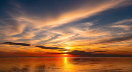 Vibrant sunset painting the sky with fiery orange and purple clouds, beautifully reflecting on tranquil waters, creating a serene and breathtaking natural spectacle at dusk