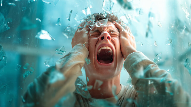 A person in distress is surrounded by shards of glass, visibly expressing deep emotions. The bright setting contrasts with their tense posture and grimace, highlighting a moment of intense feelings