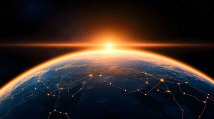 The image depicts a stylized view of Earth from space, illuminated by a vibrant sunrise, with glowing lines representing global network connections crisscrossing the planet.