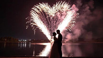 Wedding couple silhouetted against heart shaped fireworks celebration over lake - Powered by Adobe