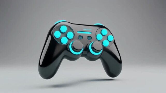 A sleek black game controller with glowing blue accents, floating against a minimalist gray background, showcasing modern gaming technology.